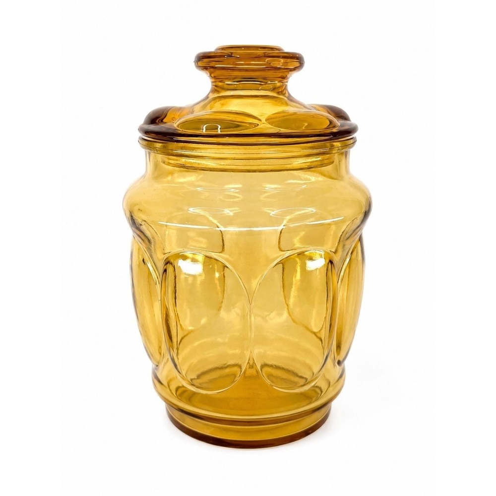 Vintage Amber Glass Apothecary Canister Jar w/ Faceted Lid Octagonal MCM Storage